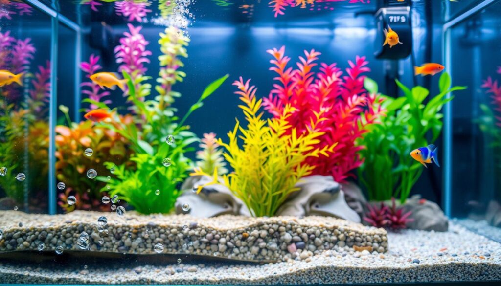 Aquário bem cuidado com plantas e sistema de filtragem