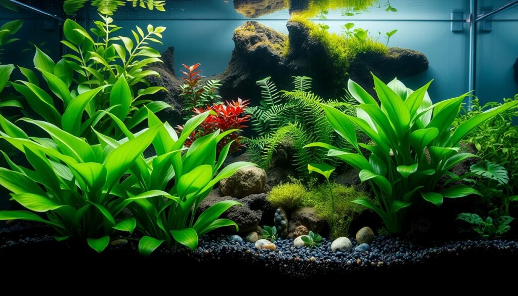 Anubias presas em troncos e pedras dentro de um aquário plantado