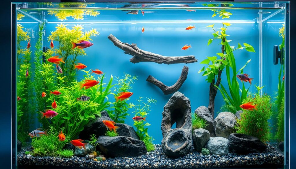 Aquário compacto com diferentes zonas de nado Aquário plantado compacto com peixes usando diferentes áreas do tanque