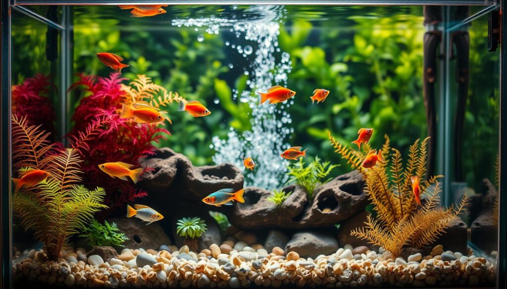 Peixes em aquário com plantas naturais Peixes nadando em aquário com plantas naturais e espaço livre