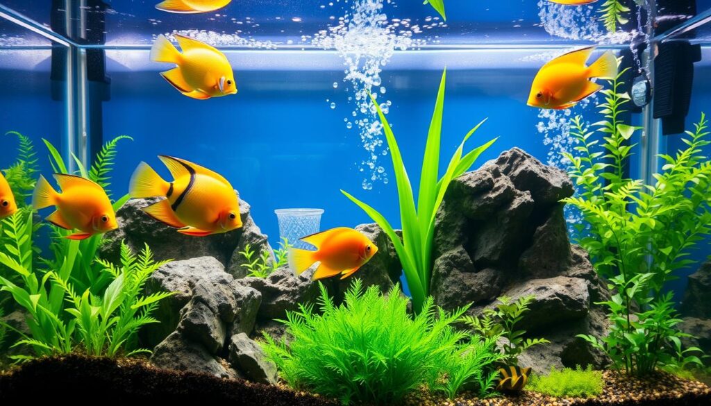 Aquário de água doce bem mantido Aquário de água doce com peixes e plantas naturais