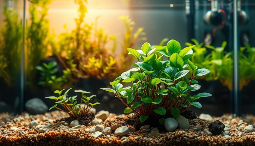 Anubias nana com folhas verdes e rizoma exposto no aquário
