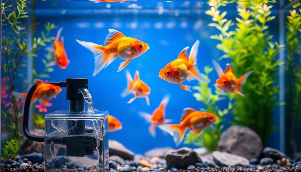 Kinguios em aquário com água limpa Kinguios nadando em aquário limpo com plantas e filtragem