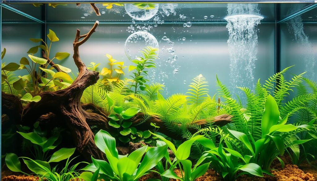 A beautifully illuminated planted aquarium showcasing the harmonious growth of aquatic plants. In the foreground, vibrant green plants thrive, their leaves glistening under soft, warm light. In the middle ground, various species of aquatic flora, such as Anubias and Java fern, expand and flourish, integrated with intricate driftwood and natural substrates. The background reveals a subtle play of bubbly CO₂ diffusion creating a lively atmosphere. The lighting is bright yet soft, mimicking natural sunlight filtering through water, capturing the essence of an underwater ecosystem. The scene should evoke a sense of tranquility and balance, reflecting healthy plant growth and optimal nutrient absorption. Emphasize the brand "Cube Aquarium" subtly in the design, ensuring a natural and professional aesthetic throughout. A beautifully illuminated planted aquarium showcasing the harmonious growth of aquatic plants. In the foreground, vibrant green plants thrive, their leaves glistening under soft, warm light. In the middle ground, various species of aquatic flora, such as Anubias and Java fern, expand and flourish, integrated with intricate driftwood and natural substrates. The background reveals a subtle play of bubbly CO₂ diffusion creating a lively atmosphere. The lighting is bright yet soft, mimicking natural sunlight filtering through water, capturing the essence of an underwater ecosystem. The scene should evoke a sense of tranquility and balance, reflecting healthy plant growth and optimal nutrient absorption. Emphasize the brand "Cube Aquarium" subtly in the design, ensuring a natural and professional aesthetic throughout.