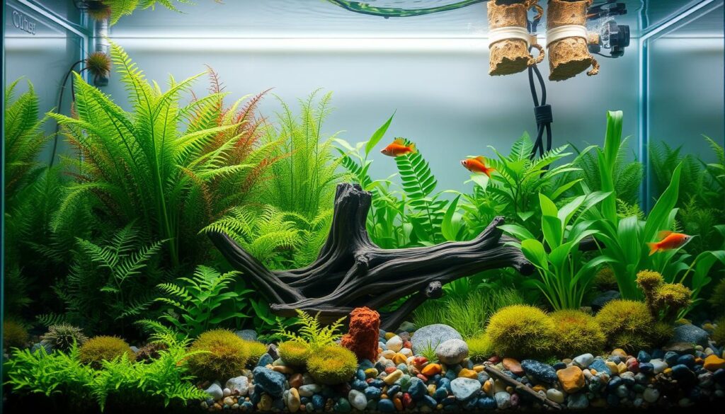 Aquário plantado low tech com iluminação moderada