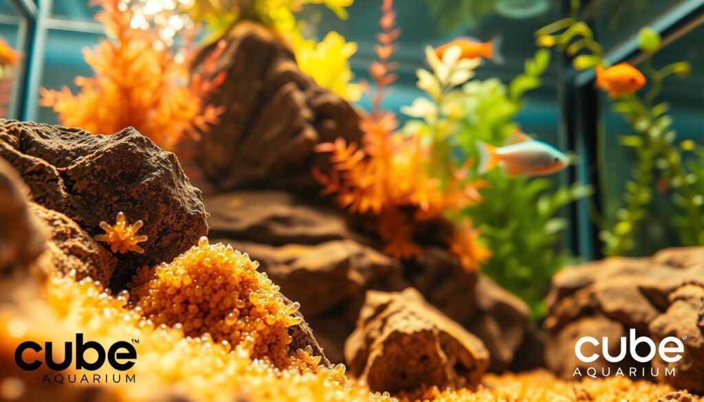 Biofilme se formando em superfícies de um aquário durante a ciclagem