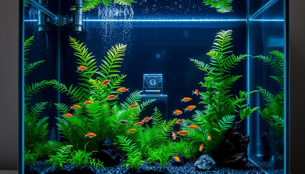 Neon tetra em aquário com controle de temperatura Cardume de neon tetra em aquário plantado com termômetro e testes de água