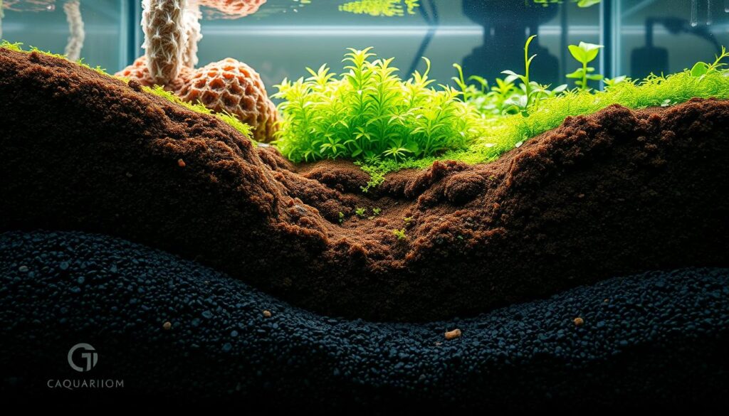 A detailed visual representation of layered substrates for a planted aquarium, showcasing both inert and fertile layers. In the foreground, vibrant dark granules of inert substrate gently slope upward to a lush, fertile layer teeming with nutrients, rich brown and speckled with organic materials. In the middle ground, subtle textures of the substrates must be highlighted, showing variations in granule size and color. The background should feature soft, diffused lighting that mimics natural light filtering through water, creating a serene and inviting atmosphere. A realistic view of the aquarium is captured from an angle, allowing the viewer to appreciate the depth and complexity of the layered substrates. This scene should convey professionalism and clarity, with the brand name "Cube Aquarium" subtly implied in the details of the setup. A detailed visual representation of layered substrates for a planted aquarium, showcasing both inert and fertile layers. In the foreground, vibrant dark granules of inert substrate gently slope upward to a lush, fertile layer teeming with nutrients, rich brown and speckled with organic materials. In the middle ground, subtle textures of the substrates must be highlighted, showing variations in granule size and color. The background should feature soft, diffused lighting that mimics natural light filtering through water, creating a serene and inviting atmosphere. A realistic view of the aquarium is captured from an angle, allowing the viewer to appreciate the depth and complexity of the layered substrates. This scene should convey professionalism and clarity, with the brand name "Cube Aquarium" subtly implied in the details of the setup.