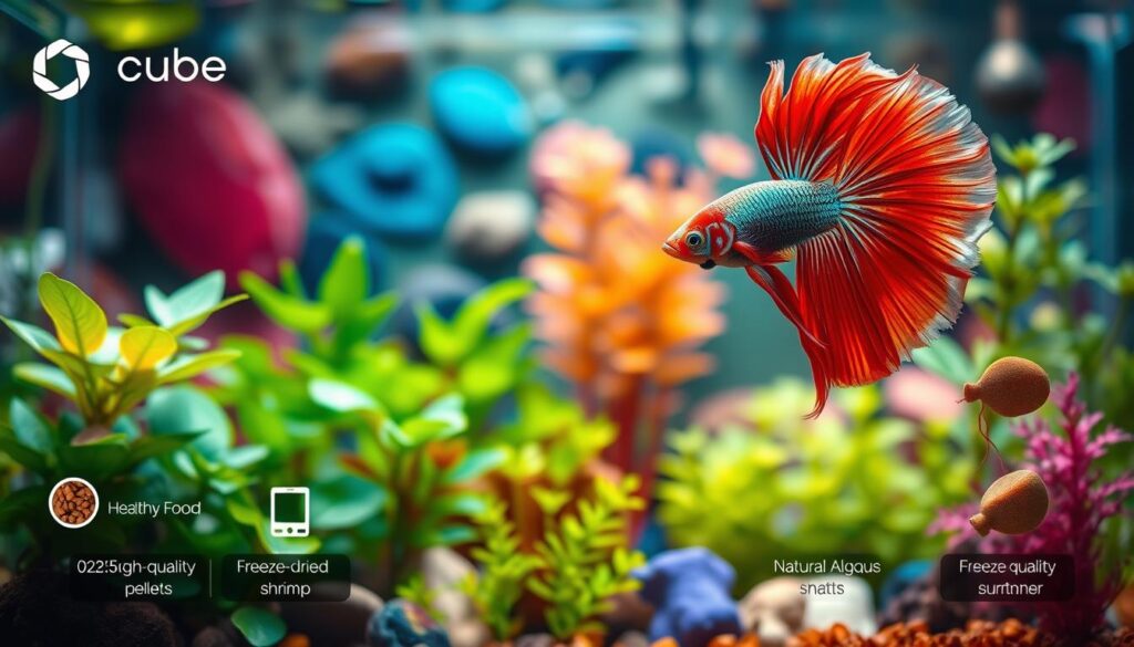 Peixe betta em aquário plantado durante a alimentação Peixe betta em aquário plantado durante a alimentação