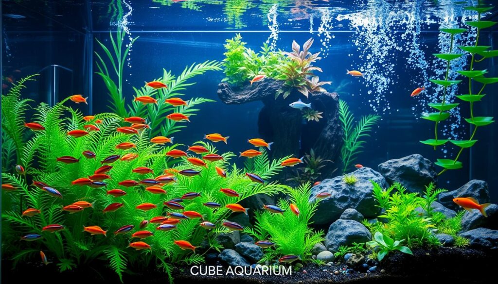 Aquário comunitário com neon tetra Cardume de neon tetra em aquário plantado com outros peixes pacíficos