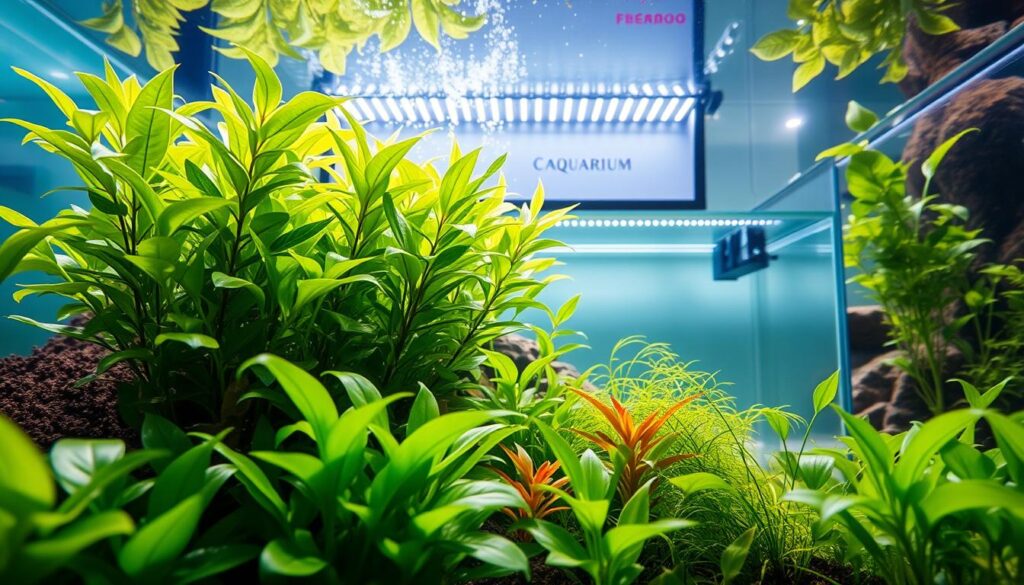 Aquário com plantas naturais sob iluminação moderada